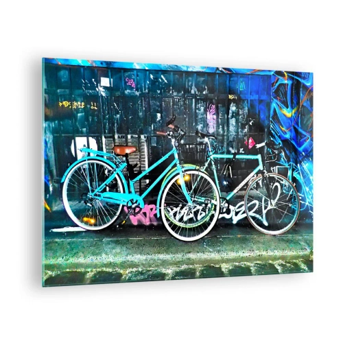 Obraz na szkle - Rower miejski na tle graffiti i neonowego klimatu - 70x50cm - Miasto woła - Nowoczesna dekoracja ścienna do salonu i sypialni ARTTOR