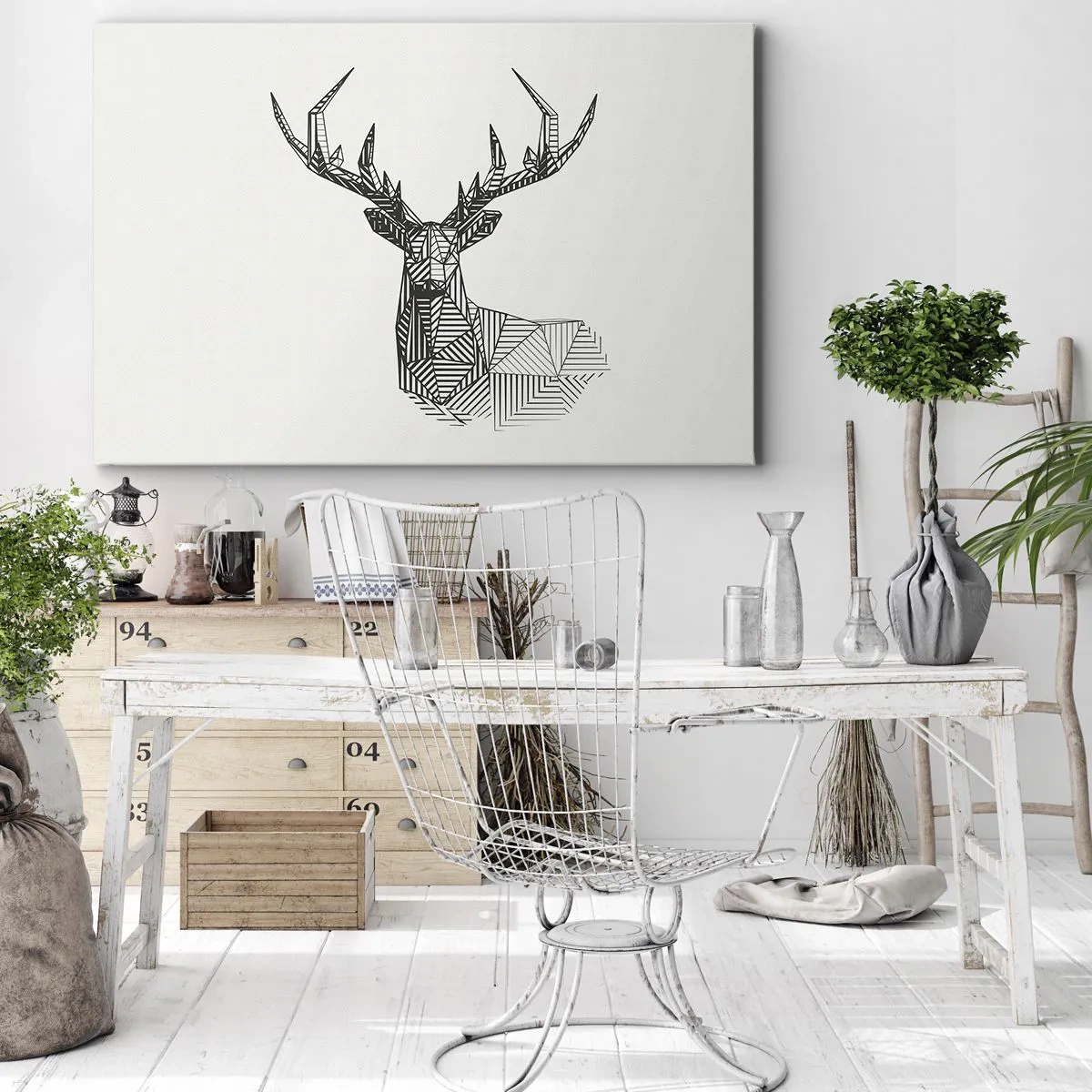 Obraz na płótnie - Geometryczny wizerunek jelenia w minimalistycznym czarno-białym stylu - 70x50cm - Jeleń w kubistycznym stylu - Nowoczesna dekoracja ścienna do salonu i sypialni ARTTOR