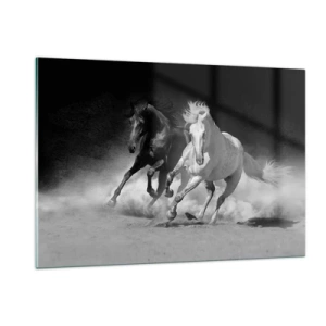 Obraz na szkle - Biegnące konie w czarno-białej tonacji - 120x80cm - Galop wolności - Nowoczesna dekoracja ścienna do salonu, kuchni i sypialni ARTTOR