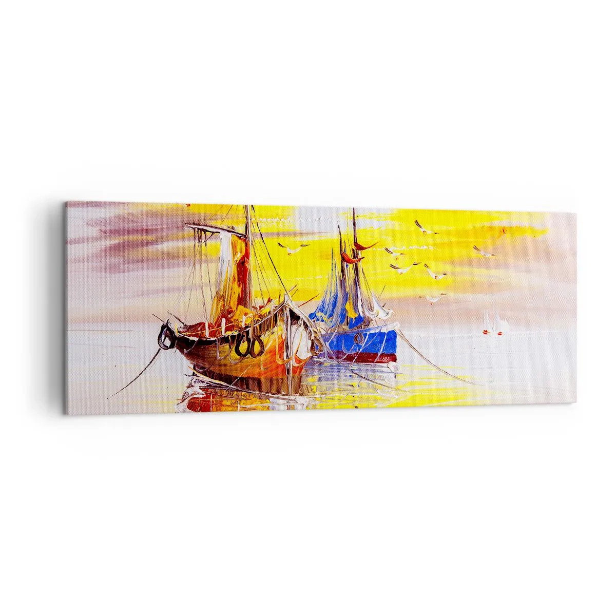 Obraz na płótnie - Malarska scena z łodziami na spokojnym morzu - 140x50cm - Zasłużony odpoczynek w porcie - Nowoczesna dekoracja ścienna do salonu i sypialni ARTTOR