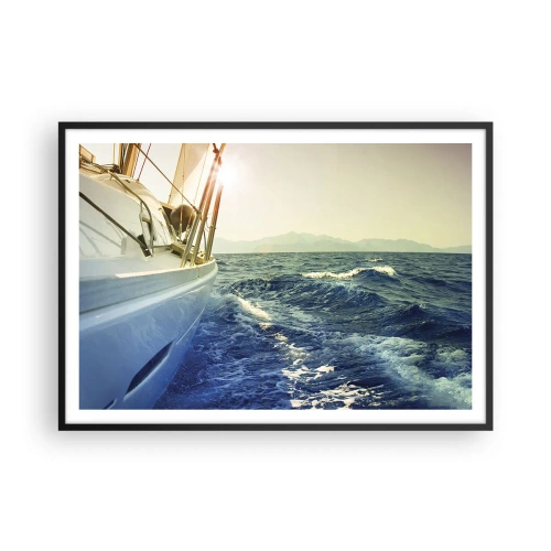 Plakat w czarnej ramie - Jacht na otwartym morzu z widokiem na fale - 100x70cm - Po przygodę - Nowoczesna dekoracja ścienna do salonu i sypialni ARTTOR