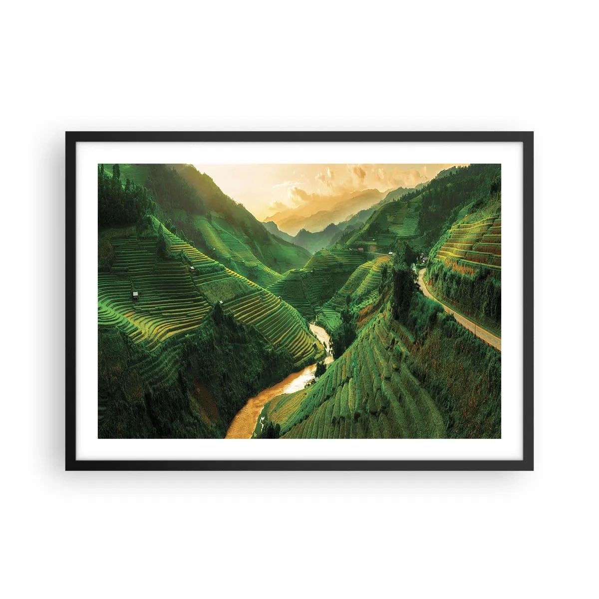 Plakat w czarnej ramie - Malownicze tarasy ryżowe w zielonej dolinie oświetlone zachodzącym słońcem - 70x50cm - Wietnamska dolina - Nowoczesna dekoracja ścienna do salonu i sypialni ARTTOR