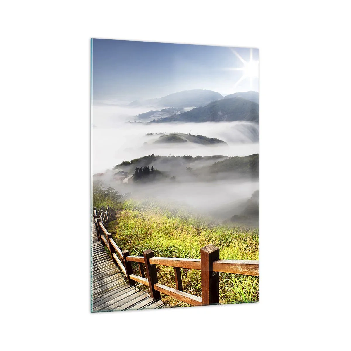 Obraz na szkle - Drewniana ścieżka wśród mglistych gór o poranku - 70x100cm - Utkane z blasku i mgły - Nowoczesna dekoracja ścienna do salonu i sypialni ARTTOR