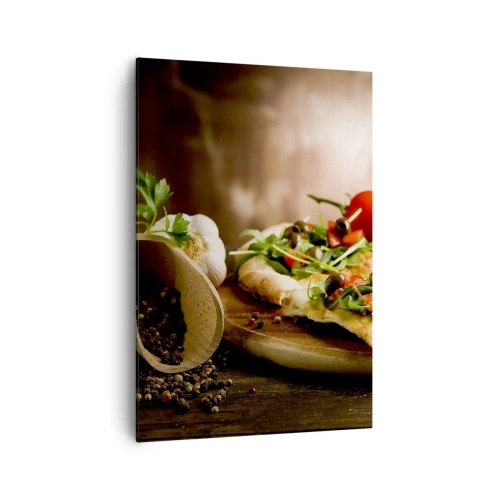 Obraz na płótnie - Pizza z warzywami na drewnianej desce w rustykalnym stylu - 70x100cm - Prosto z pieca i z ogrodu - Nowoczesna dekoracja ścienna do salonu i sypialni ARTTOR