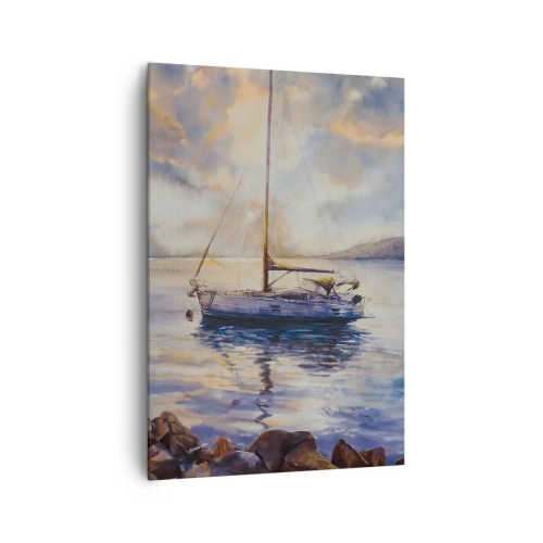 Obraz na płótnie - Jacht na spokojnym morzu o zachodzie słońca - 70x100cm - Wieczór w zatoce - Nowoczesna dekoracja ścienna do salonu i sypialni ARTTOR