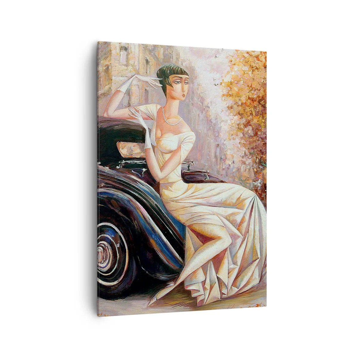 Obraz na płótnie - Kobieta w stylu retro obok klasycznego samochodu - 70x100cm - Elegancja w stylu retro - Nowoczesna dekoracja ścienna do salonu i sypialni ARTTOR