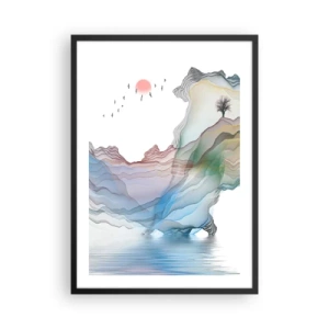 Plakat w czarnej ramie - Kolorowe, warstwowe góry nad spokojnym jeziorem z drzewem - 50x70cm - Ku kryształowym górom - Nowoczesna dekoracja ścienna do salonu i sypialni ARTTOR