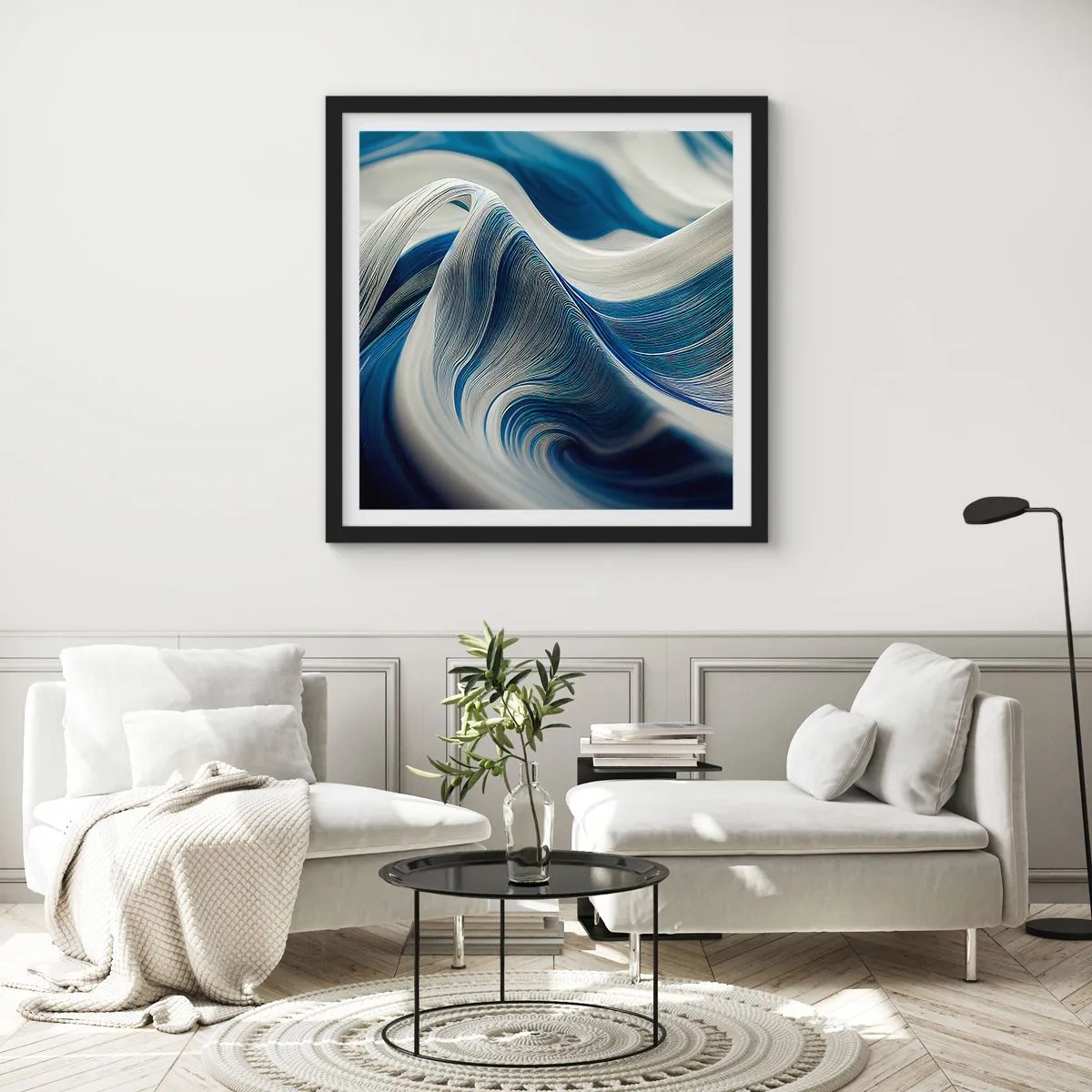 Plakat w czarnej ramie - Płynność błękitu i bieli - 30x30 cm