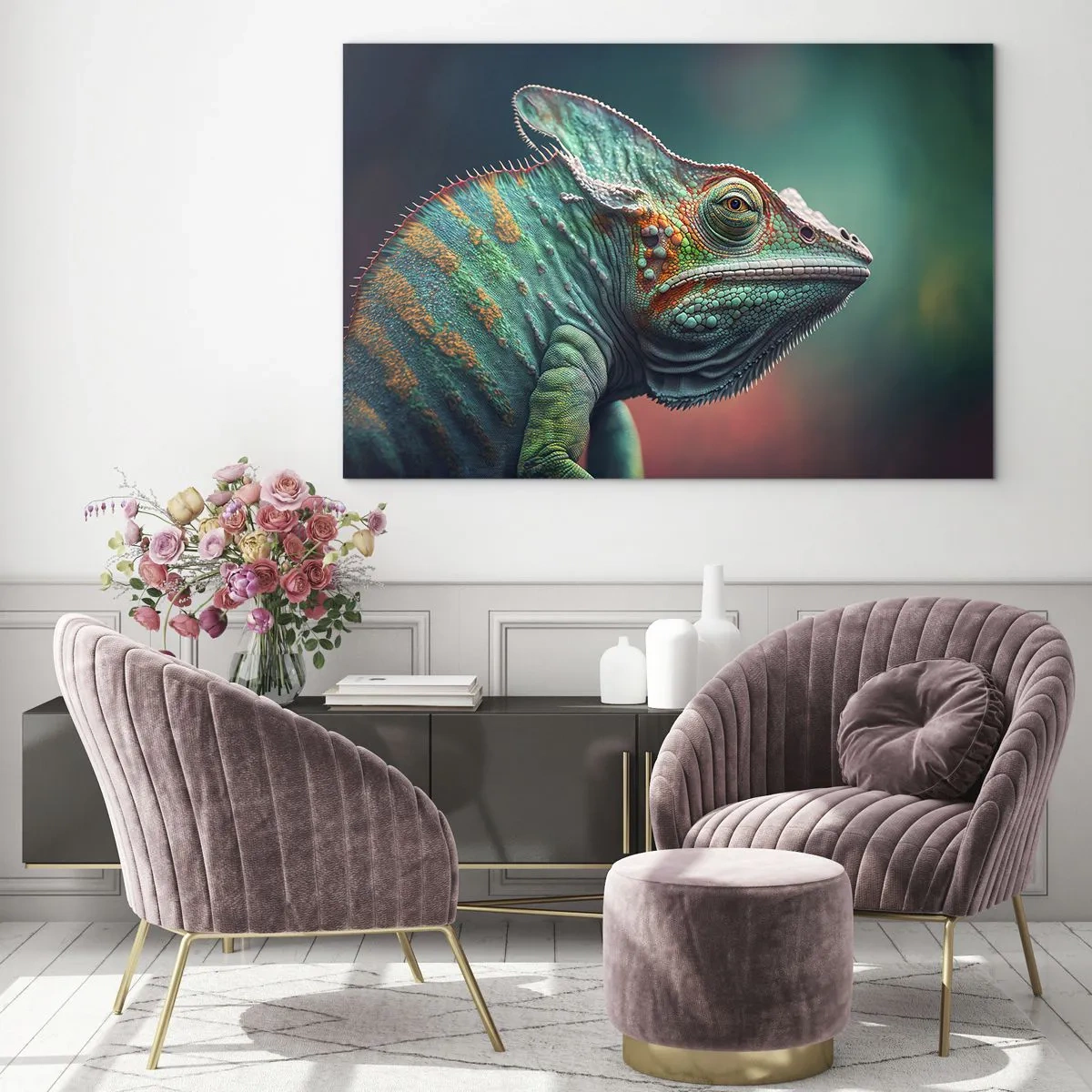 Obraz na szkle - Kolorowy kameleon na rozmytym tle w intensywnym świetle - 70x50cm - Widzisz mnie? Niedobrze… - Nowoczesna dekoracja ścienna do salonu i sypialni ARTTOR
