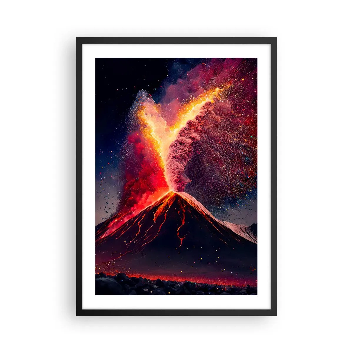 Plakat w czarnej ramie - Wybuchający wulkan w nocnym krajobrazie - 50x70cm - Piękno i groza - Nowoczesna dekoracja ścienna do salonu i sypialni ARTTOR