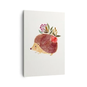 Obraz na płótnie - Uroczy jeżyk z jabłkiem i roślinami w ilustracyjnym stylu - 70x100cm - I już mnie lubisz - Nowoczesna dekoracja ścienna do salonu i sypialni ARTTOR