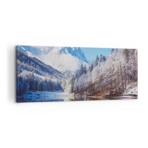 Obraz na płótnie - Zimowy krajobraz górski z ośnieżonymi drzewami i jeziorem - 120x50cm - Śnieżna straż - Nowoczesna dekoracja ścienna do salonu i sypialni ARTTOR
