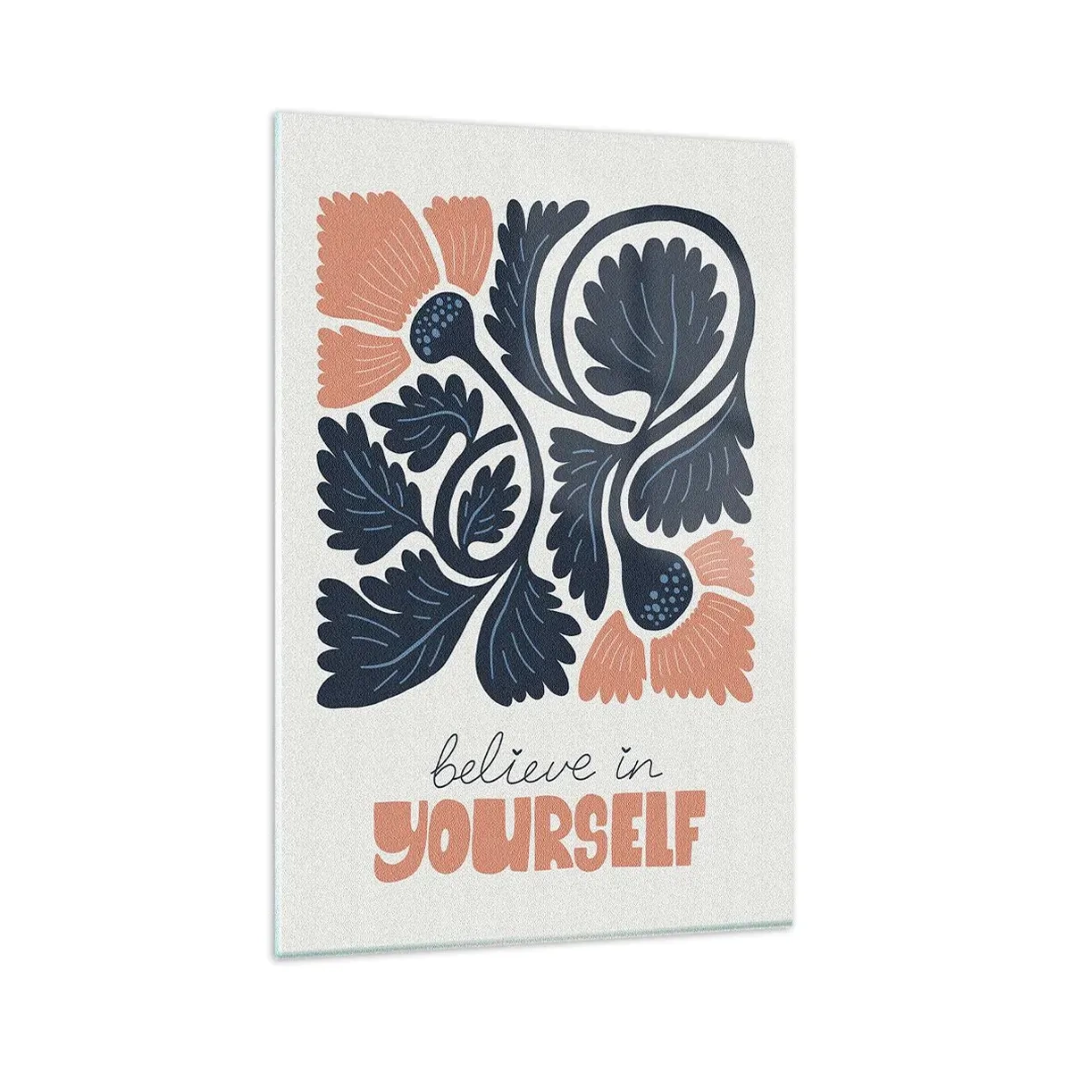 Obraz na szkle - Stylizowane kwiaty w granatowo-pomarańczowych barwach z inspirującym napisem - 80x120cm - I ty rozkwitaj - Nowoczesna dekoracja ścienna do salonu i sypialni ARTTOR