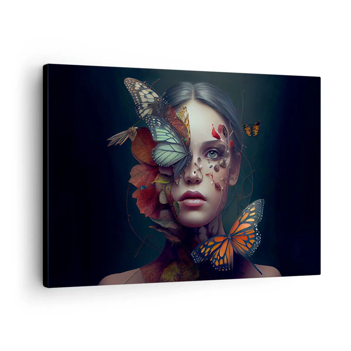 Obraz na płótnie - Portret kobiety z motylami i elementami roślinnymi - 70x50cm - Cudowna metamorfoza - Nowoczesna dekoracja ścienna do salonu i sypialni ARTTOR