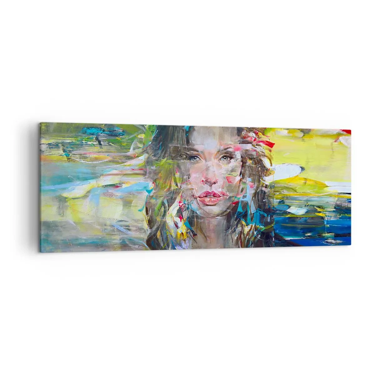 Obraz na płótnie - Abstrakcyjny portret kobiety w intensywnych kolorach - 140x50cm - Za powietrza zasłoną - Nowoczesna dekoracja ścienna do salonu i sypialni ARTTOR