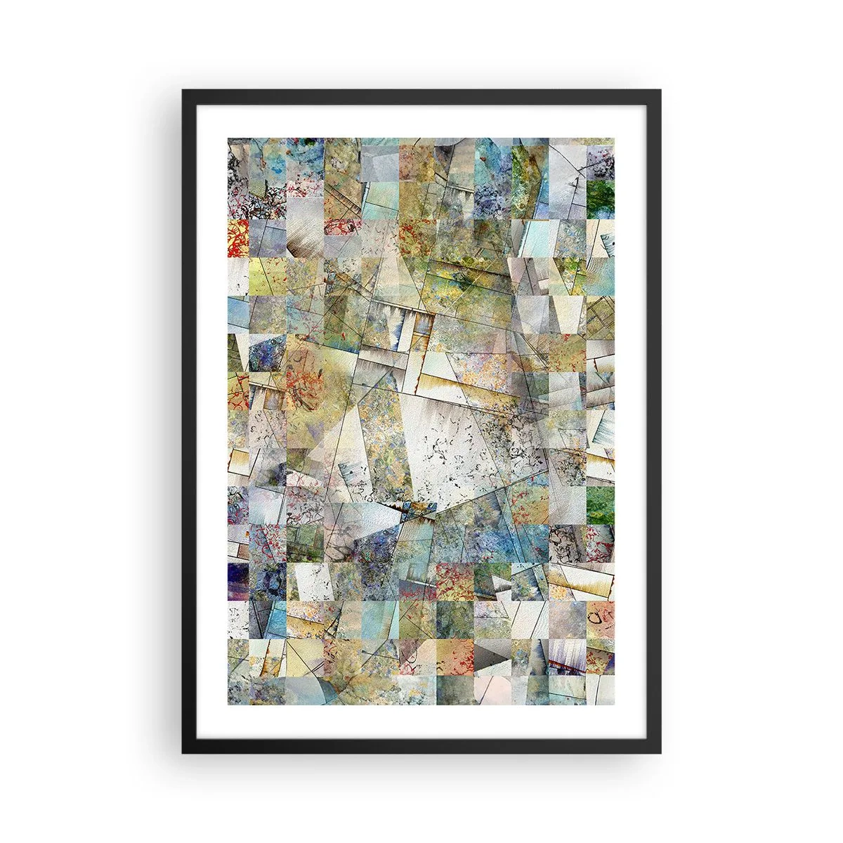 Plakat w czarnej ramie - Abstrakcyjna mozaika geometrycznych kształtów w kolorach ziemi - 50x70cm - Geometryczne przetasowanie - Nowoczesna dekoracja ścienna do salonu i sypialni ARTTOR