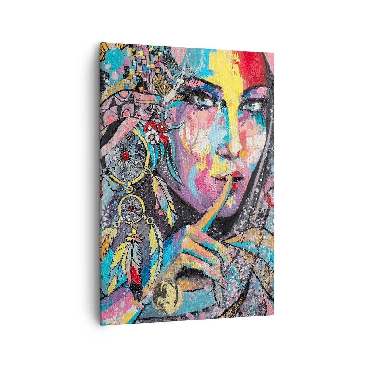 Obraz na płótnie - Kolorowa kobieca twarz w artystycznym stylu - 70x100cm - Milcz, aż zrozumiesz - Nowoczesna dekoracja ścienna do salonu i sypialni ARTTOR