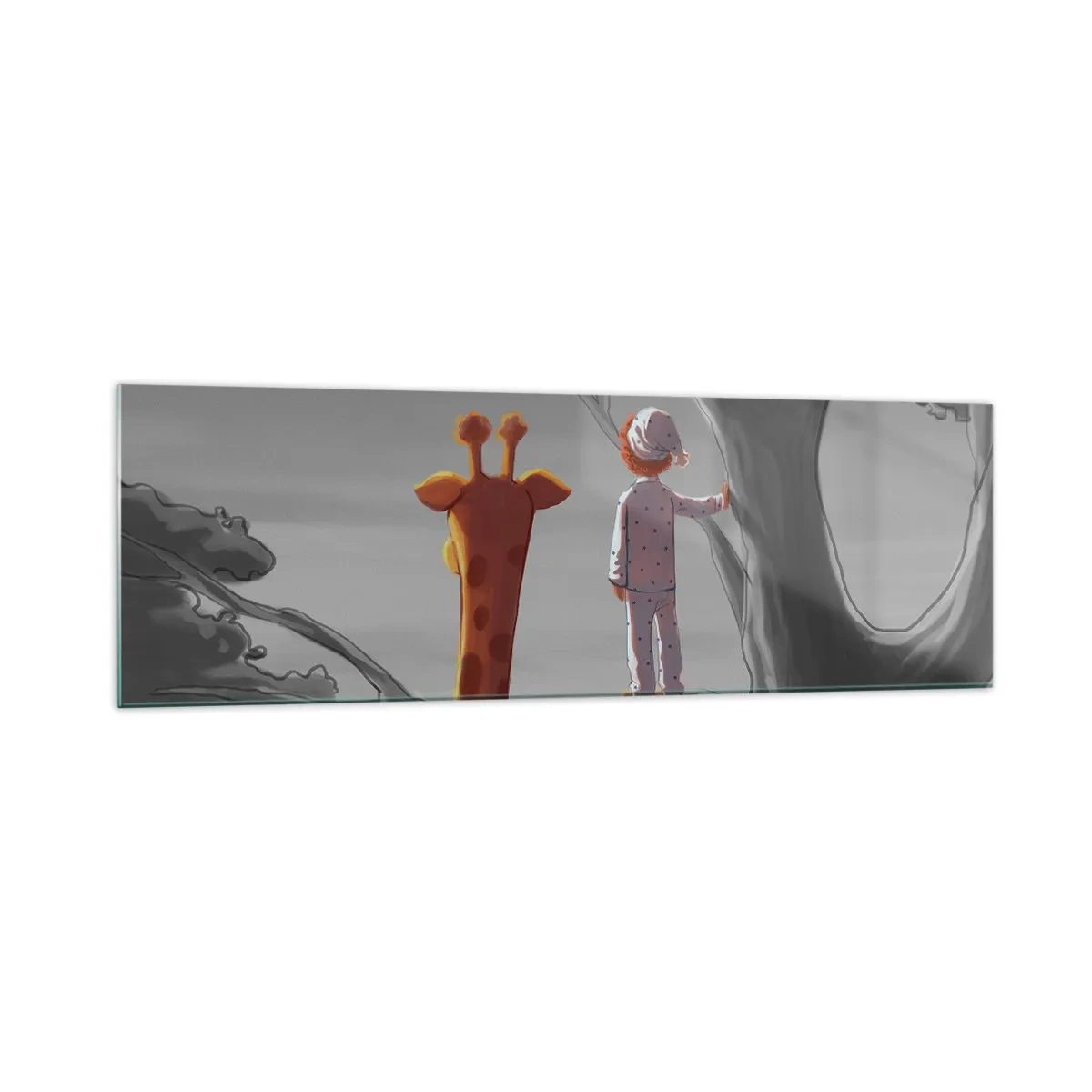 Obraz na szkle - Dziecko i żyrafa na gałęzi drzewa w bajkowym krajobrazie - 160x50cm - To się naprawdę dzieje - Nowoczesna dekoracja ścienna do salonu i sypialni ARTTOR