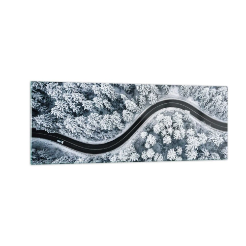 Obraz na szkle - Zakręcona droga w zimowym lesie z lotu ptaka - 140x50cm - Przez zimowy las - Nowoczesna dekoracja ścienna do salonu i sypialni ARTTOR