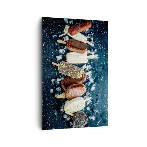 Obraz na płótnie - Kolorowe lody na patyku ułożone na lodzie z ciemnym tłem - 80x120cm - Smak gorącego lata - Nowoczesna dekoracja ścienna do salonu i sypialni ARTTOR