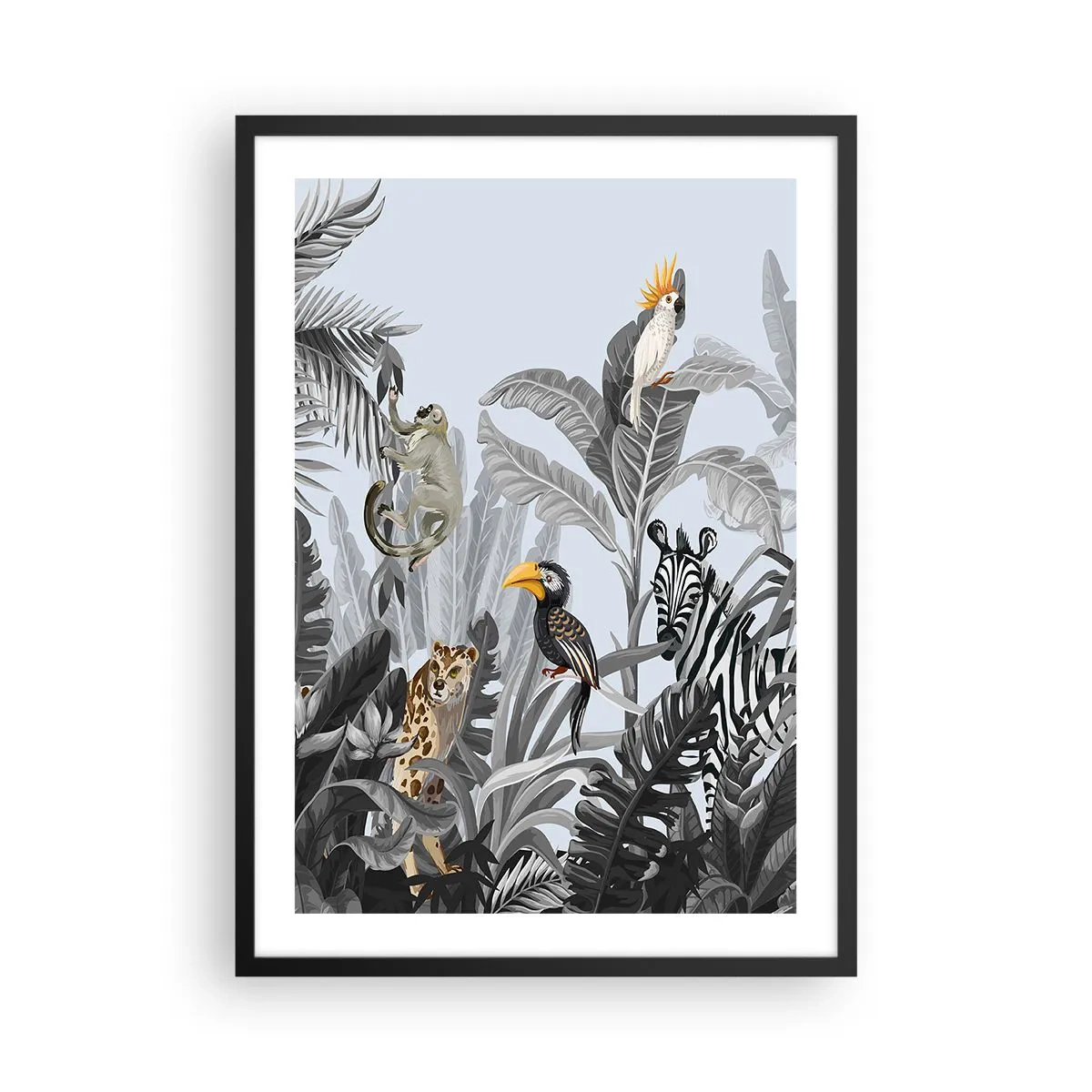 Plakat w czarnej ramie - Kolorowe zwierzęta tropikalne wśród liści dżungli - 50x70cm - Afrykańska bajka - Nowoczesna dekoracja ścienna do salonu i sypialni ARTTOR