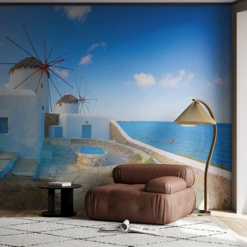 Fototapeta Premium Sand - Błękitny wiatr od morza - Architektura, Krajobraz, Grecja - 150x105 cm