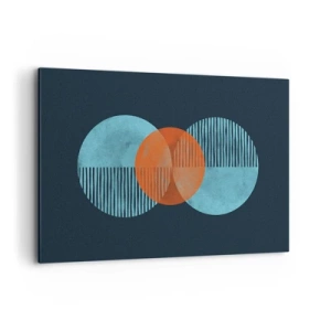 Obraz na płótnie - Geometryczne koła w odcieniach niebieskiego i pomarańczowego - 120x80cm - Kompozycja symetryczna - Nowoczesna dekoracja ścienna do salonu, kuchni i sypialni ARTTOR