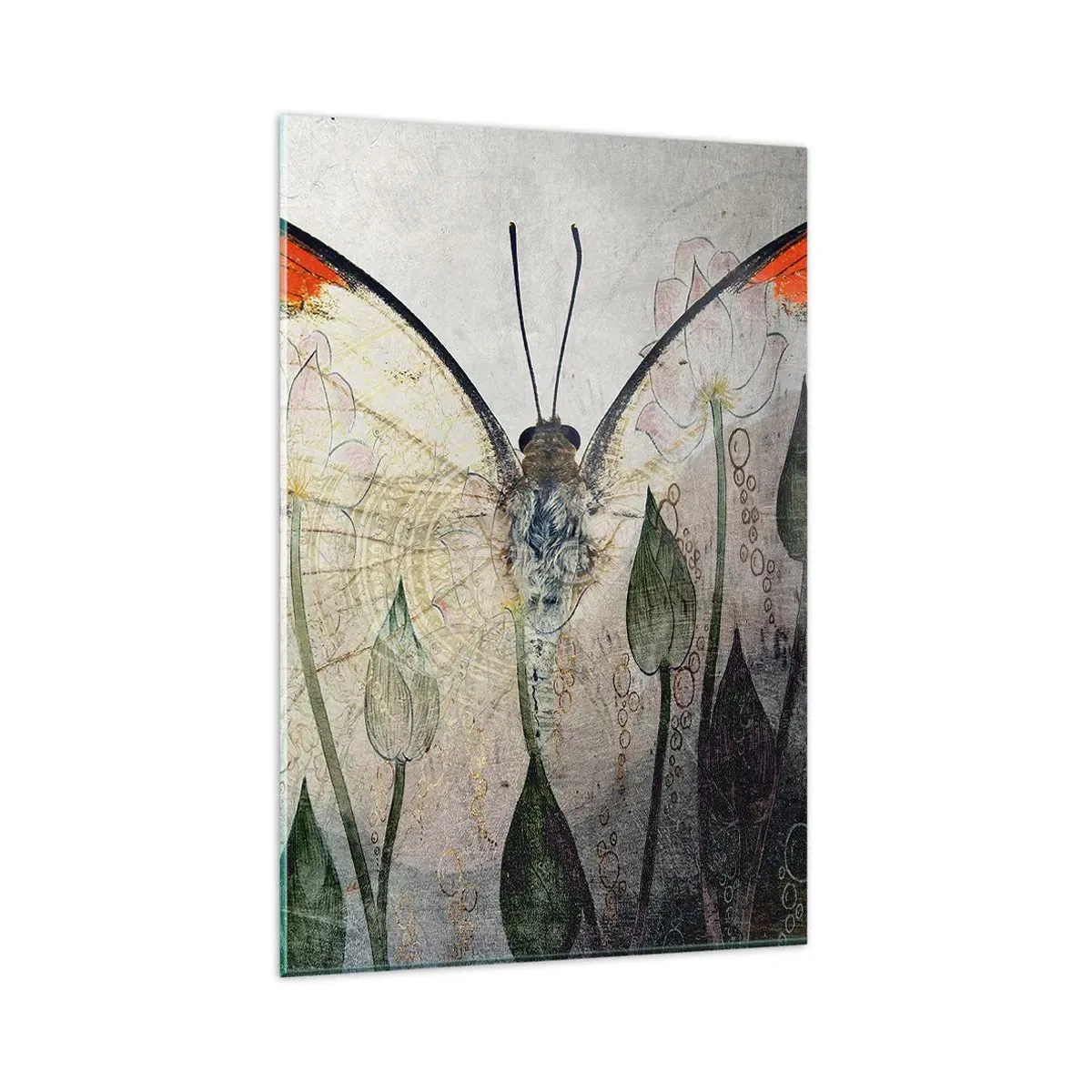 Obraz na szkle - Motyl z pomarańczowymi skrzydłami na tle stylizowanych kwiatów - 80x120cm - "Kędy się motyl kołysa na trawie" - Nowoczesna dekoracja ścienna do salonu i sypialni ARTTOR
