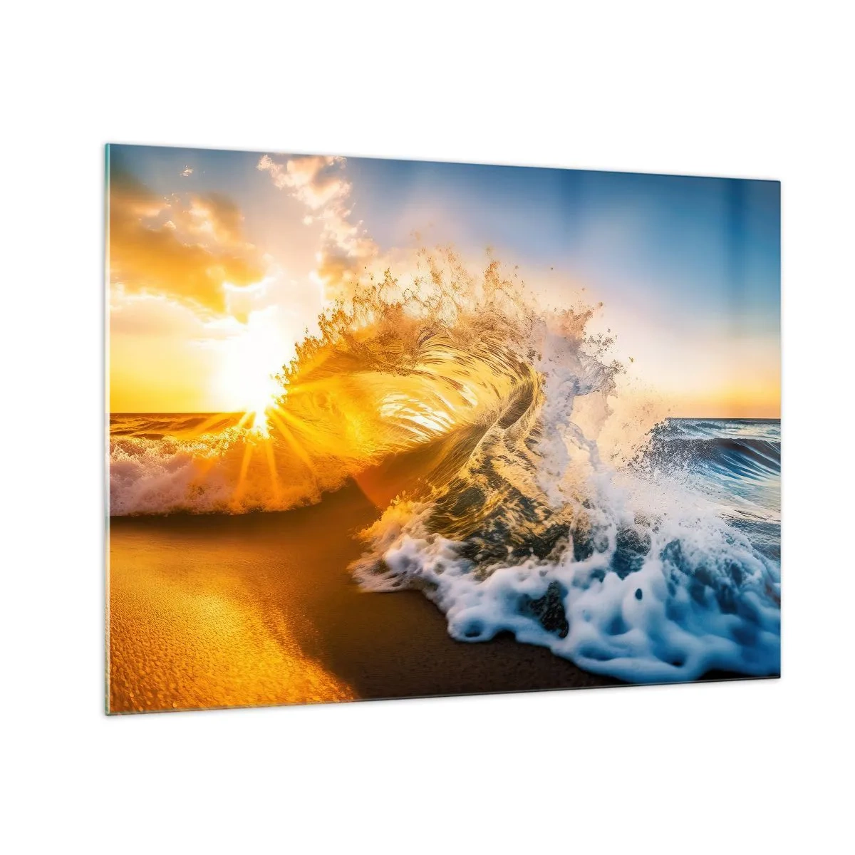Obraz na szkle - Fala uderzająca o brzeg oświetlona promieniami zachodu - 70x50cm - Zabawa na piasku - Nowoczesna dekoracja ścienna do salonu i sypialni ARTTOR