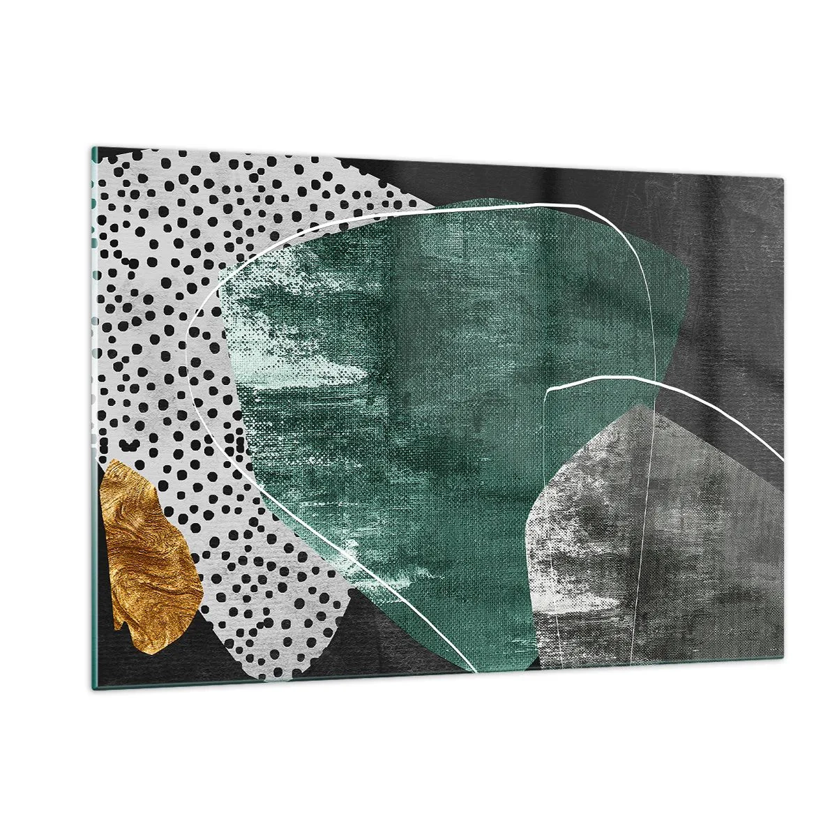 Obraz na szkle - Zielone formy z czarnym tłem i złotym akcentem - 120x80cm - Barwna abstrakcja z płatkiem złota - Nowoczesna dekoracja ścienna do salonu, kuchni i sypialni ARTTOR
