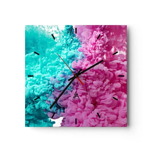 Zegar ścienny - Kolorowe fale turkusu i różu w abstrakcyjnej formie - 30x30cm - Decydujące starcie - Nowoczesna dekoracja ścienna do salonu i sypialni ARTTOR