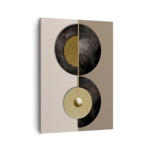 Obraz na płótnie - Minimalistyczna kompozycja geometryczna z czarnymi i złotymi okręgami na beżowym tle - 50x70cm - Wariacje wokół koła - Nowoczesna dekoracja ścienna do salonu, kuchni i sypialni ARTTOR
