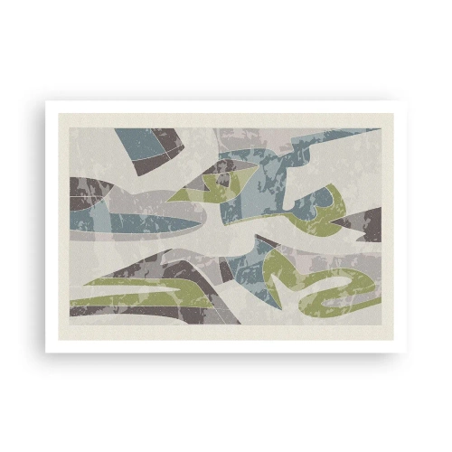 Plakat - Abstrakcyjne kształty w zieleni i błękicie na jasnym tle - 100x70cm - Kompozycja za szybą - Nowoczesna dekoracja ścienna do salonu i sypialni ARTTOR