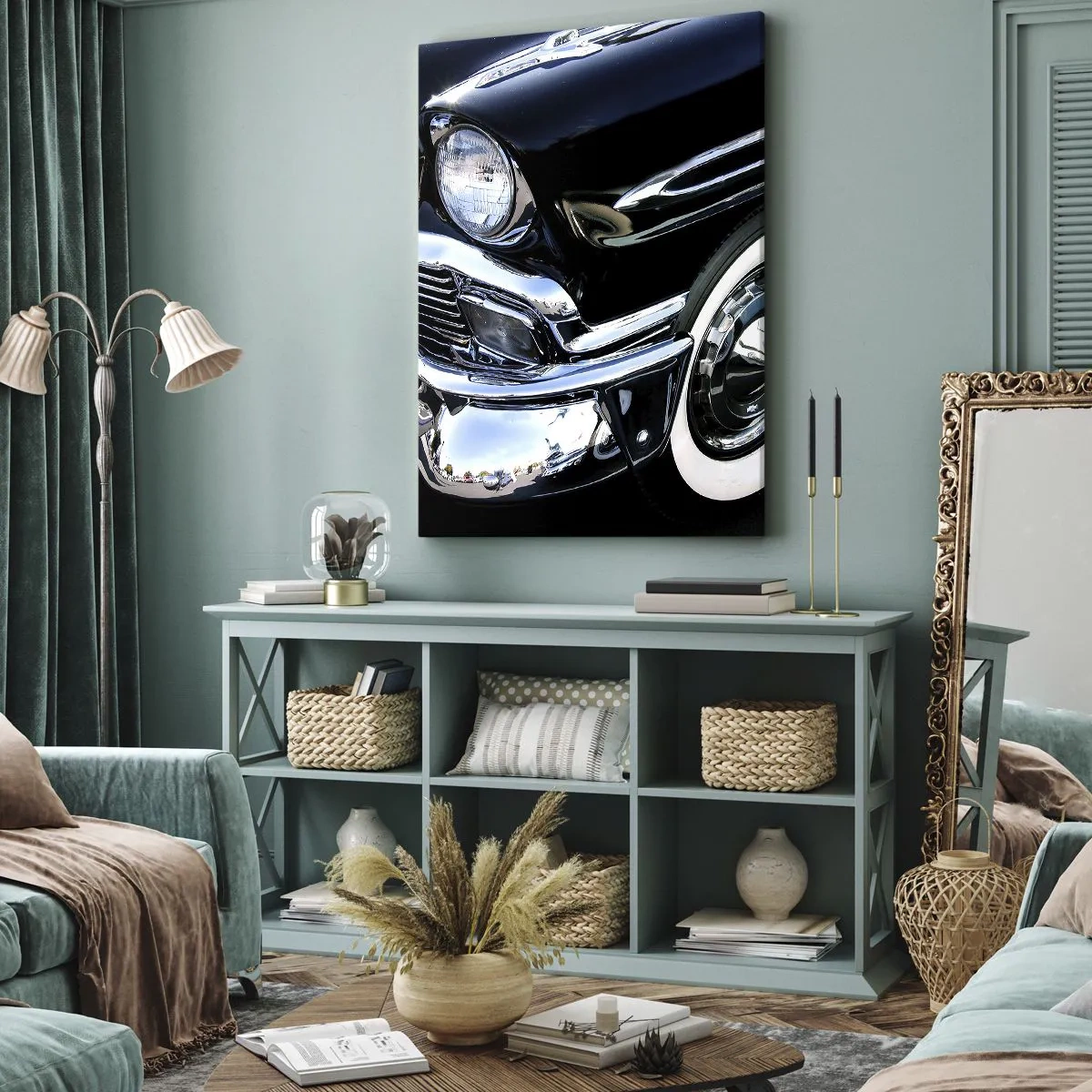 Obraz na płótnie - Przód klasycznego auta w czerni z chromowanymi detalami - 50x70cm - Klasyka w srebrze, czerni i bieli - Nowoczesna dekoracja ścienna do salonu, kuchni i sypialni ARTTOR