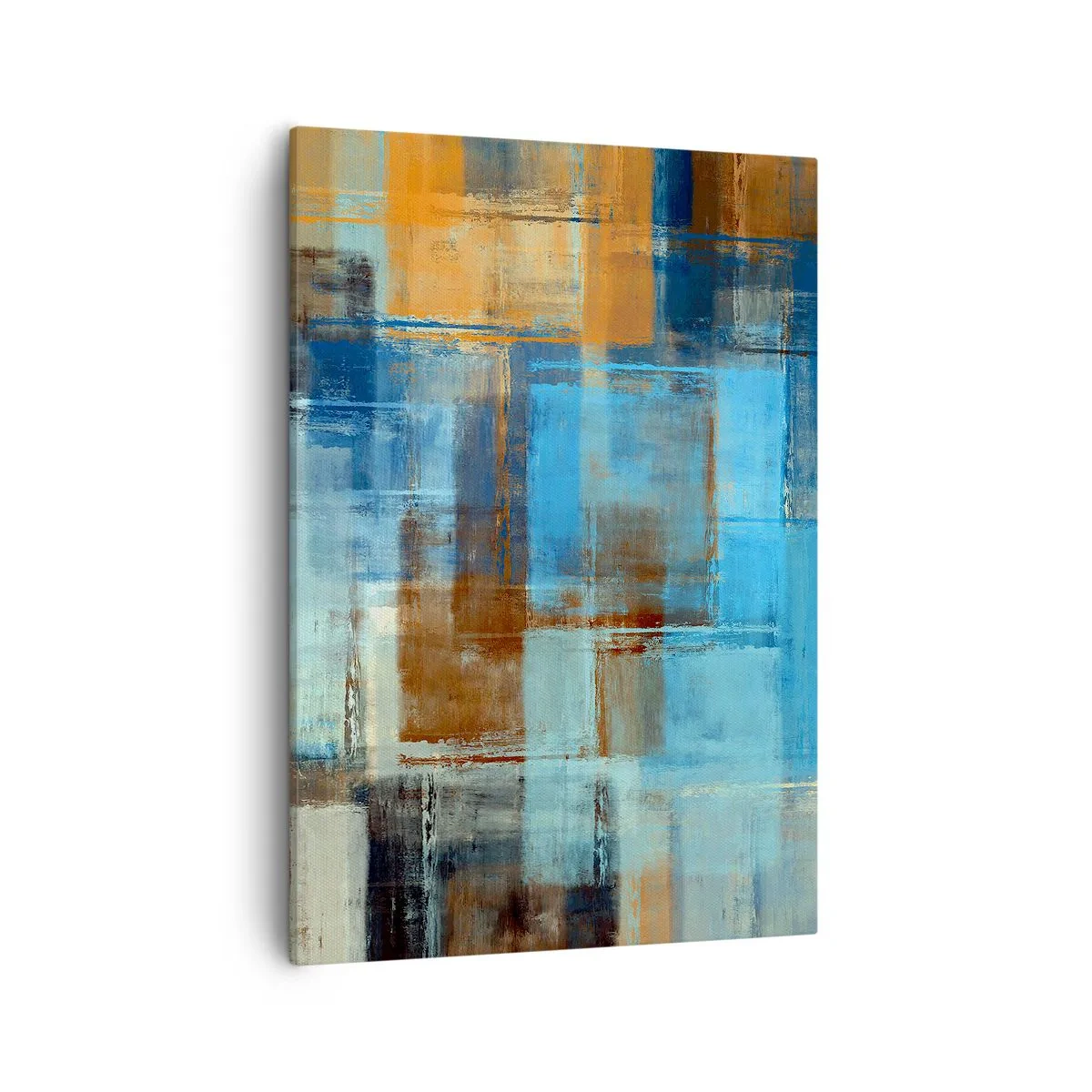 Obraz na płótnie - Abstrakcyjna kompozycja w odcieniach niebieskiego i pomarańczowego - 50x70cm - Przez błękitną zasłonę - Nowoczesna dekoracja ścienna do salonu, kuchni i sypialni ARTTOR