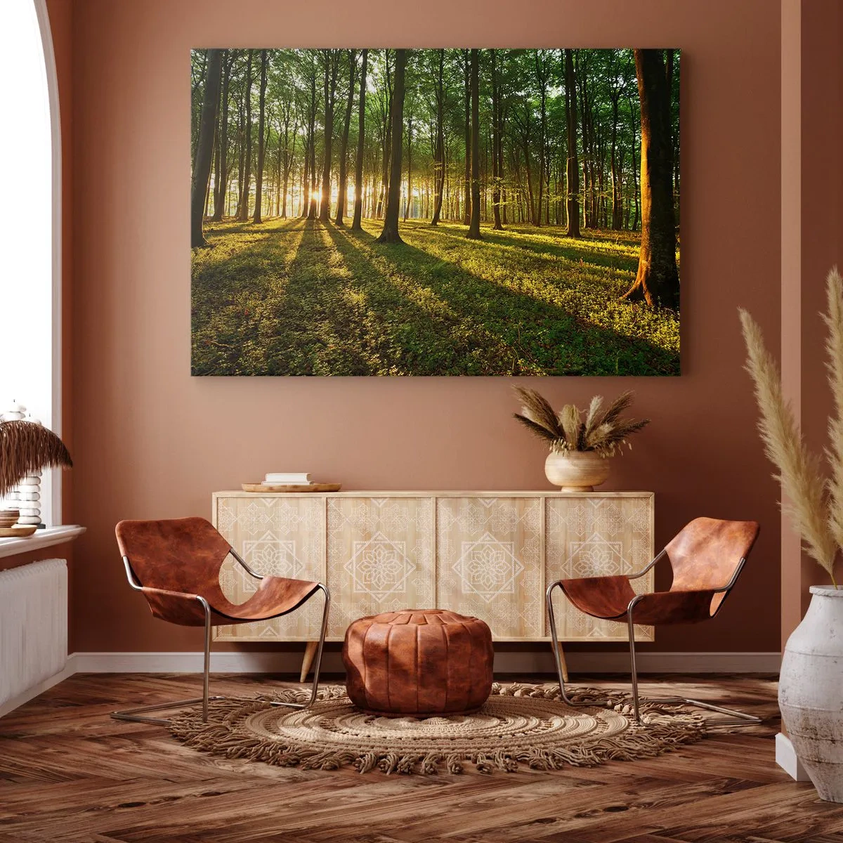 Obraz na płótnie - Zachodzące słońce w lesie liściastym - 120x80cm - Fotografia wszystkich wiosen - Nowoczesna dekoracja ścienna do salonu, kuchni i sypialni ARTTOR