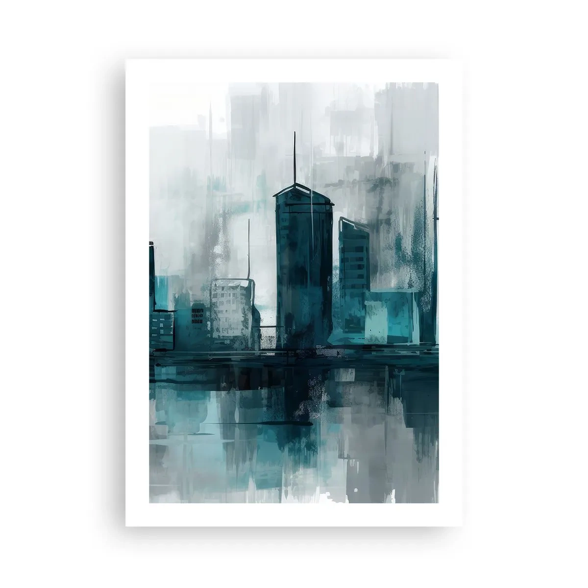 Plakat - Nowoczesna panorama miasta w odcieniach niebieskiego - 50x70cm - Miasto w kolorze deszczu - Nowoczesna dekoracja ścienna do salonu, kuchni i sypialni ARTTOR