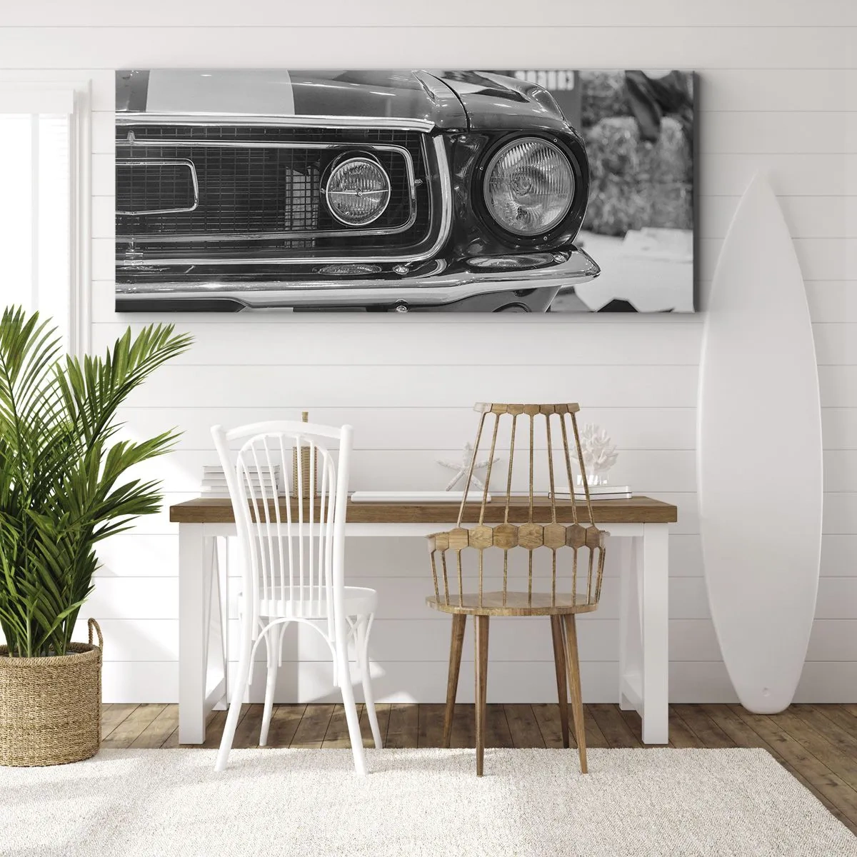 Obraz na płótnie - Czarno-biała maska klasycznego samochodu - 160x50cm - Ostra jazda - Nowoczesna dekoracja ścienna do salonu i sypialni ARTTOR