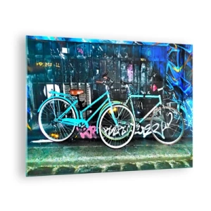 Obraz na szkle - Rower miejski na tle graffiti i neonowego klimatu - 70x50cm - Miasto woła - Nowoczesna dekoracja ścienna do salonu i sypialni ARTTOR