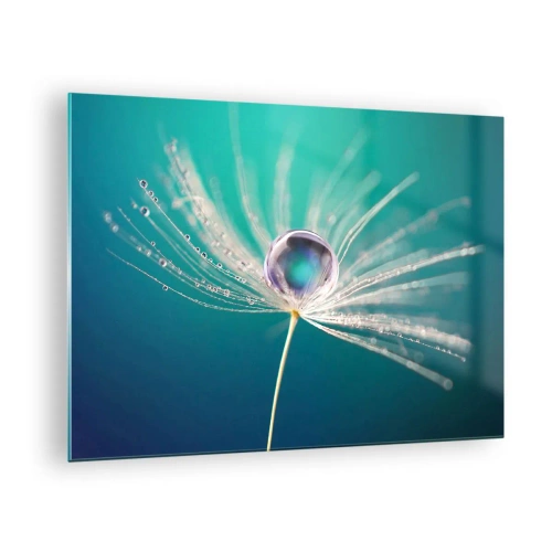 Obraz na szkle - Makrofotografia nasionka dmuchawca z kroplą rosy na turkusowym tle - 70x50cm - Mistyczna chwila - Nowoczesna dekoracja ścienna do salonu i sypialni ARTTOR