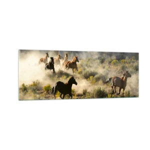Obraz na szkle - Stado dzikich koni galopujących przez kurz i roślinność - 140x50cm - Rywalizacja - wolność czy męska siła? - Nowoczesna dekoracja ścienna do salonu i sypialni ARTTOR