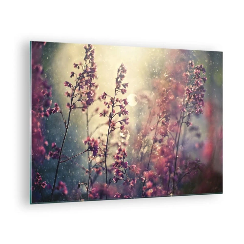Obraz na szkle - Kwiaty w świetle słonecznym w delikatnym deszczu - 70x50cm - Tajemniczy ogród - Nowoczesna dekoracja ścienna do salonu i sypialni ARTTOR