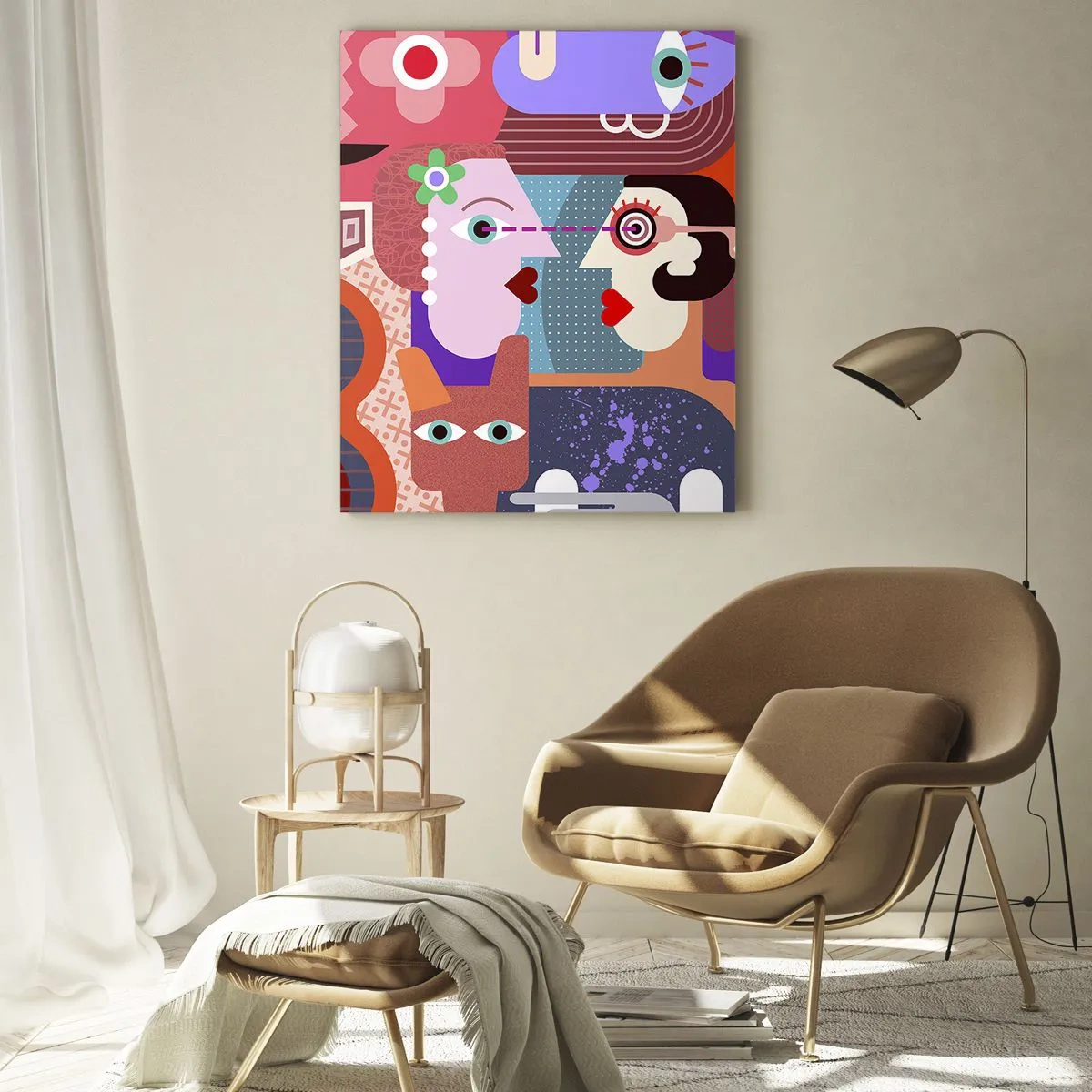 Obraz na szkle - Abstrakcyjna kompozycja twarzy i kształtów w intensywnych barwach - 50x70cm - Oko w oko - Nowoczesna dekoracja ścienna do salonu, kuchni i sypialni ARTTOR