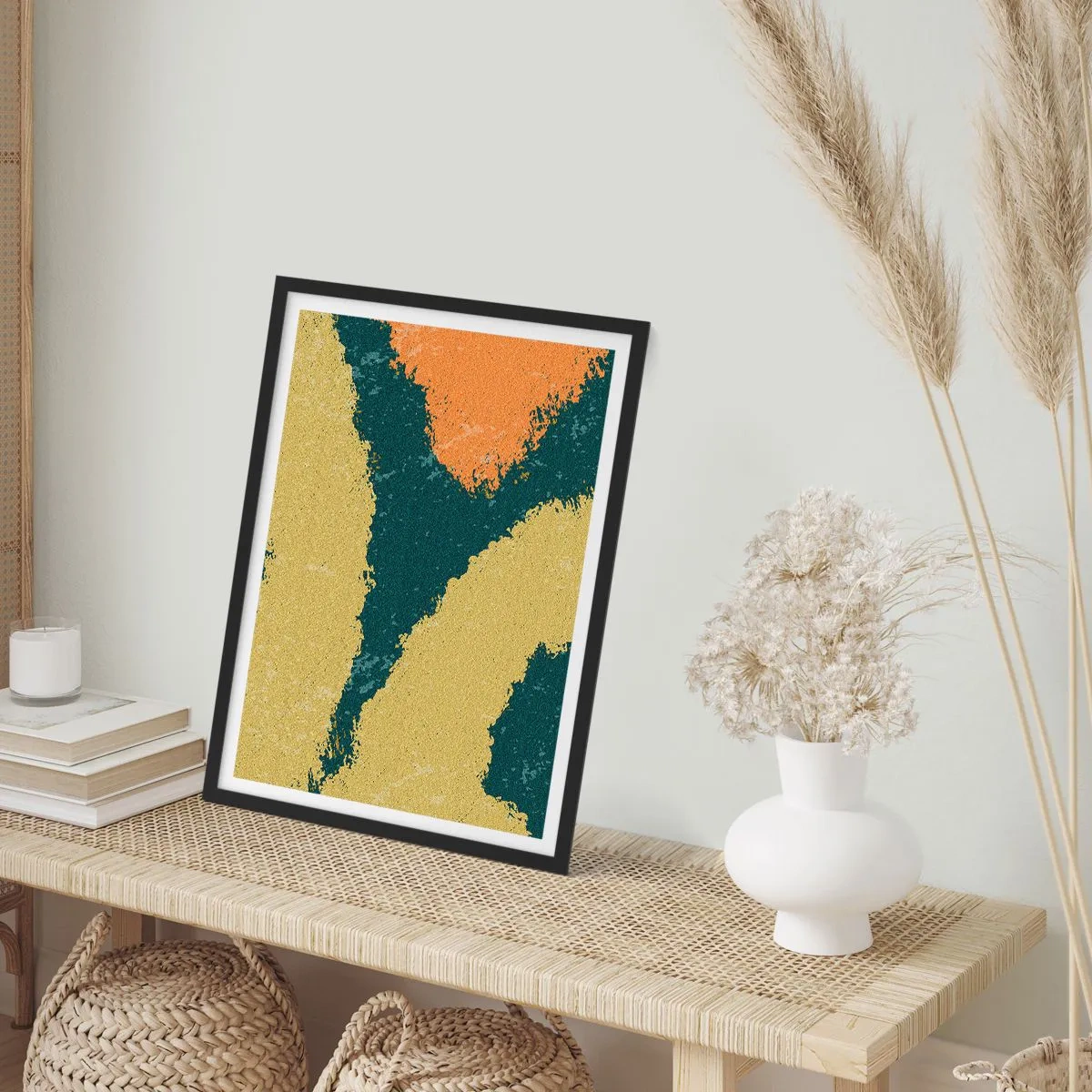 Plakat w czarnej ramie - Abstrakcyjne plamy barwne w odcieniach zieleni i pomarańczu - 50x70cm - Abstrakcja – powolnym ruchem - Nowoczesna dekoracja ścienna do salonu i sypialni ARTTOR