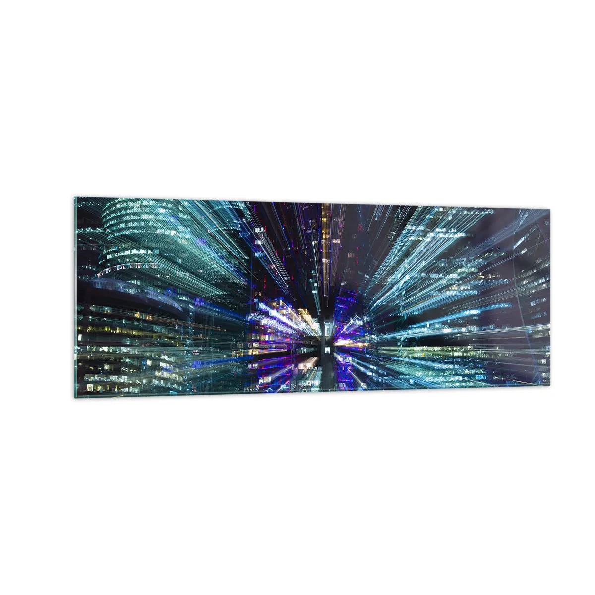 Obraz na szkle - Dynamiczny widok miasta nocą z efektem świetlnym - 140x50cm - Przejście w nadprzestrzeń - Nowoczesna dekoracja ścienna do salonu i sypialni ARTTOR
