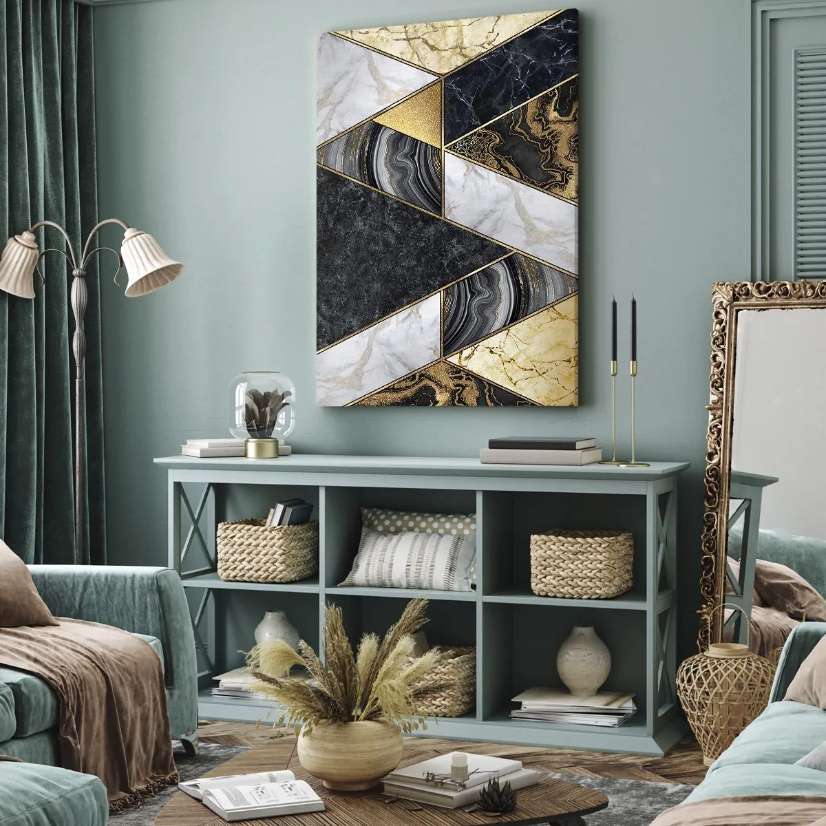 Obraz na płótnie - Geometryczna kompozycja z marmurowymi i złotymi akcentami - 50x70cm - Kamień przy kamieniu - Nowoczesna dekoracja ścienna do salonu, kuchni i sypialni ARTTOR