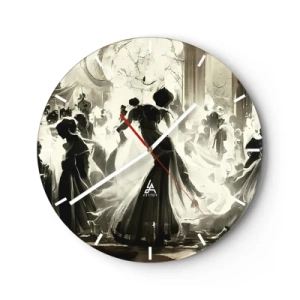 Zegar ścienny - Balowe postacie w maskach tańczące w eleganckim wnętrzu - 30x30cm - Wielka maskarada - Nowoczesna dekoracja ścienna do salonu, kuchni i sypialni ARTTOR