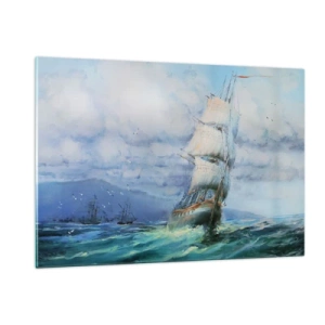 Obraz na szkle - Statek z żaglami płynący po wzburzonym morzu pod pochmurnym niebem - 120x80cm - Pomyślnych wiatrów - Nowoczesna dekoracja ścienna do salonu, kuchni i sypialni ARTTOR