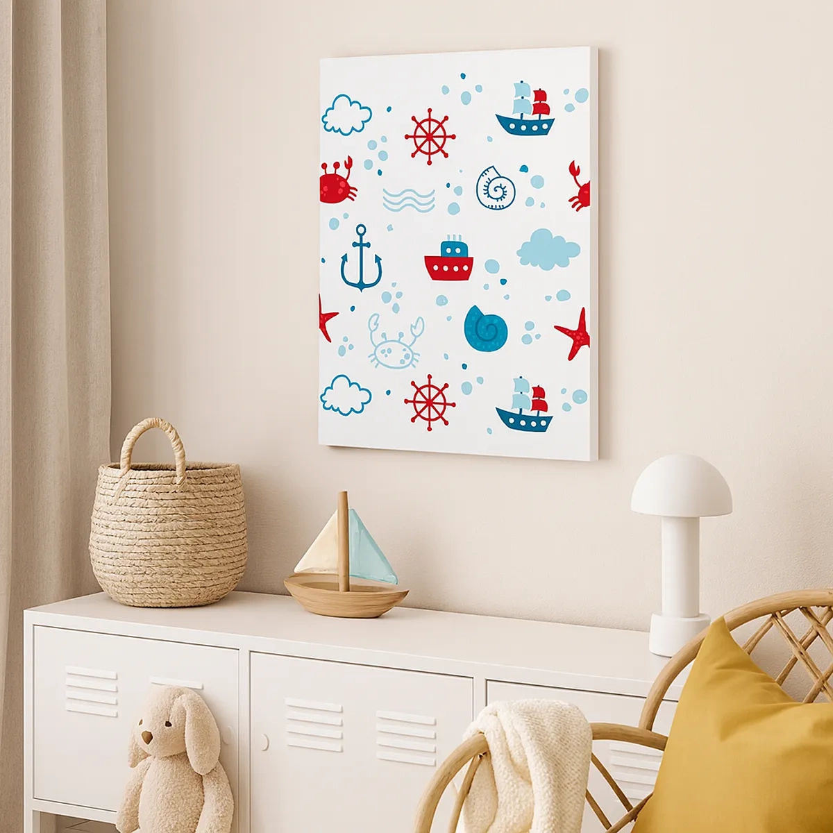 Obraz na płótnie - Morski wzór z marynistycznymi motywami - 50x70cm - Morska bajka - Nowoczesna dekoracja ścienna do salonu, kuchni i sypialni ARTTOR