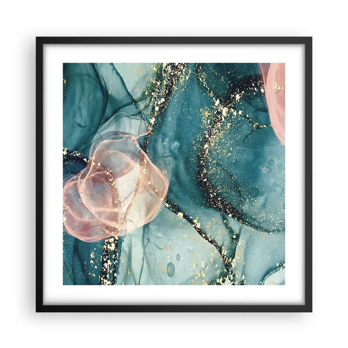 Plakat w czarnej ramie - Jedwabny błękit, tiulowy róż - 50x50 cm